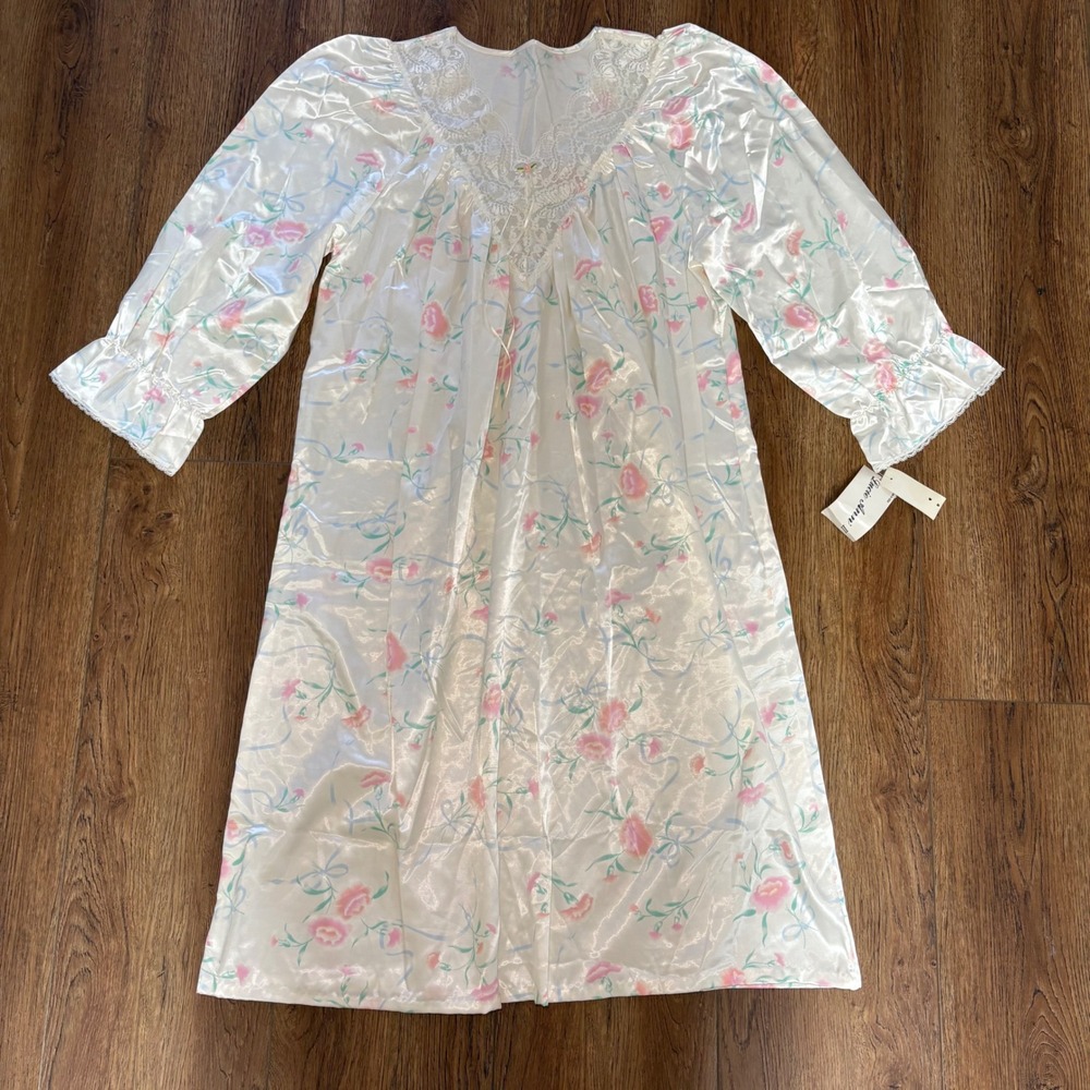 VTG Lucie Ann II Floral Satin Lace Nightgown Pink Cream sz M‎ coquette NEW USA